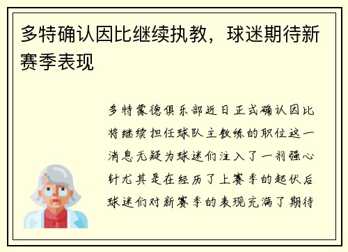 多特确认因比继续执教，球迷期待新赛季表现