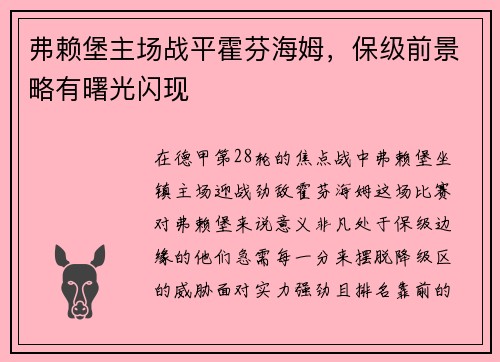 弗赖堡主场战平霍芬海姆，保级前景略有曙光闪现